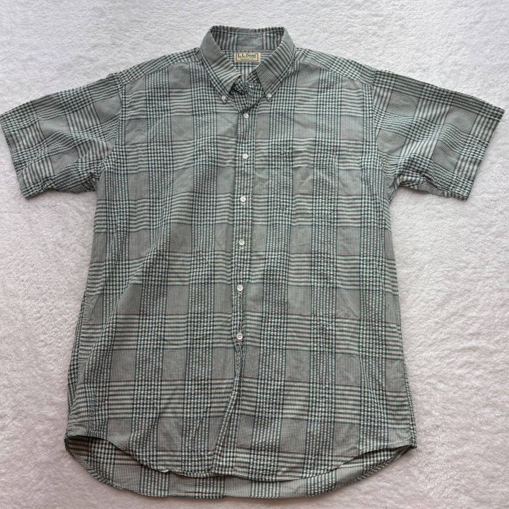 LL Bean Mens Short Sleeve Button Down Plaid Shirt Green Made in USA L Seersuckr